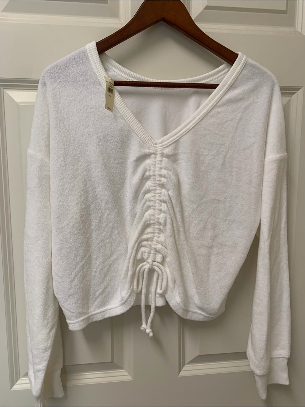 aerie White V-Neck Ruched Drawstring Sweatshirt
